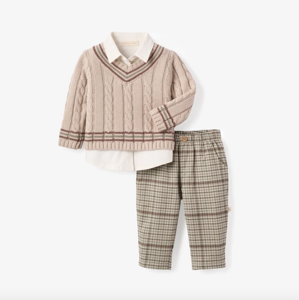 Elegant Baby - Taupe Varsity Sweater + Button Down Shirt + Plaid Pants Set