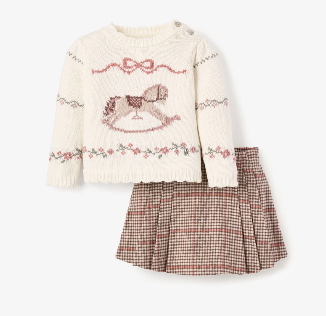 Elegant Baby - Rocking Horse Sweater + Plaid Skort