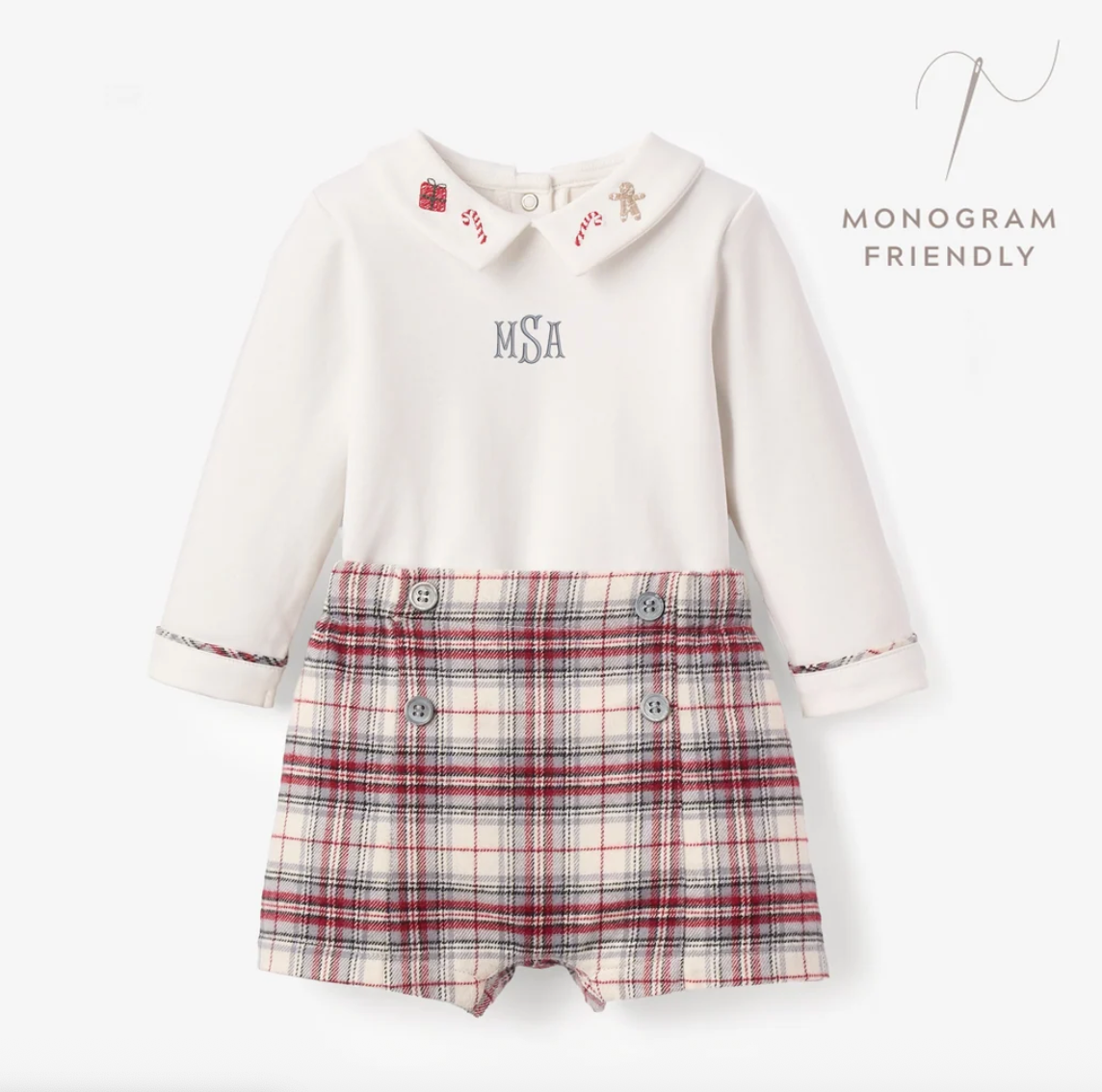 Elegant Baby - Embroidered Christmas Collar Bodysuit + Tartan Shorts