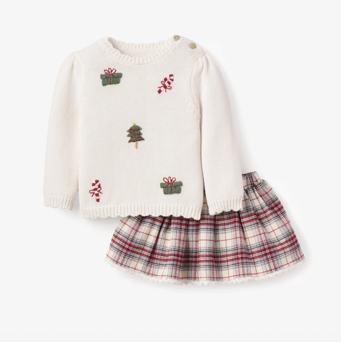 Elegant Baby - Christmas Sweater + Tartan Skirt Set