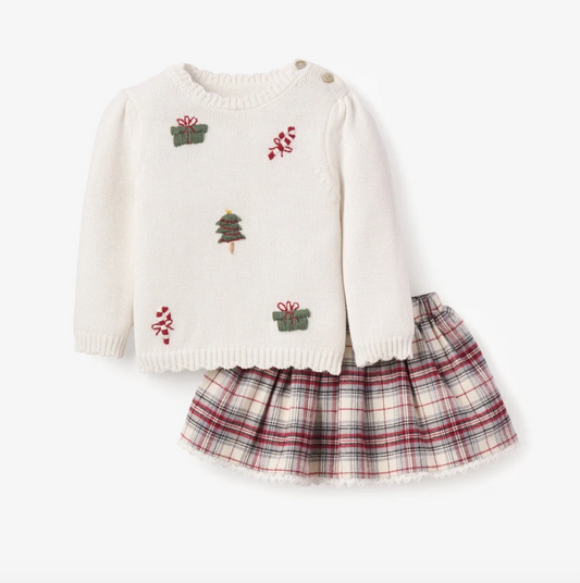 Elegant Baby - Christmas Sweater + Tartan Skirt Set