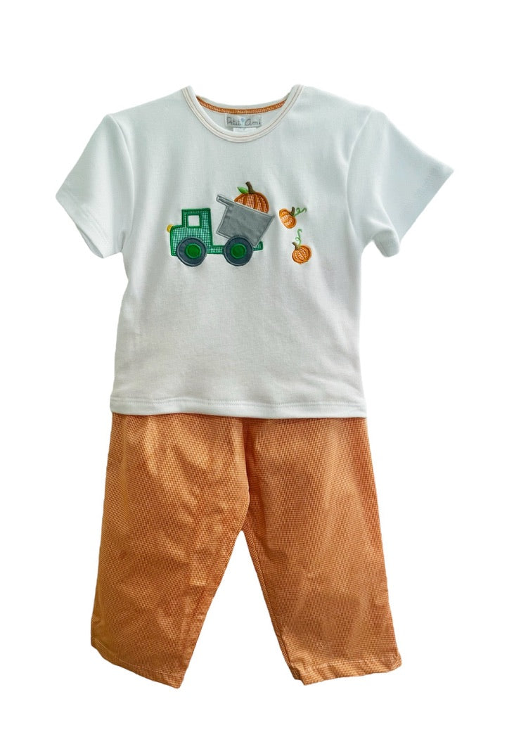 Tshirt with Green Gingham Tractor and Orange Gingham Pants