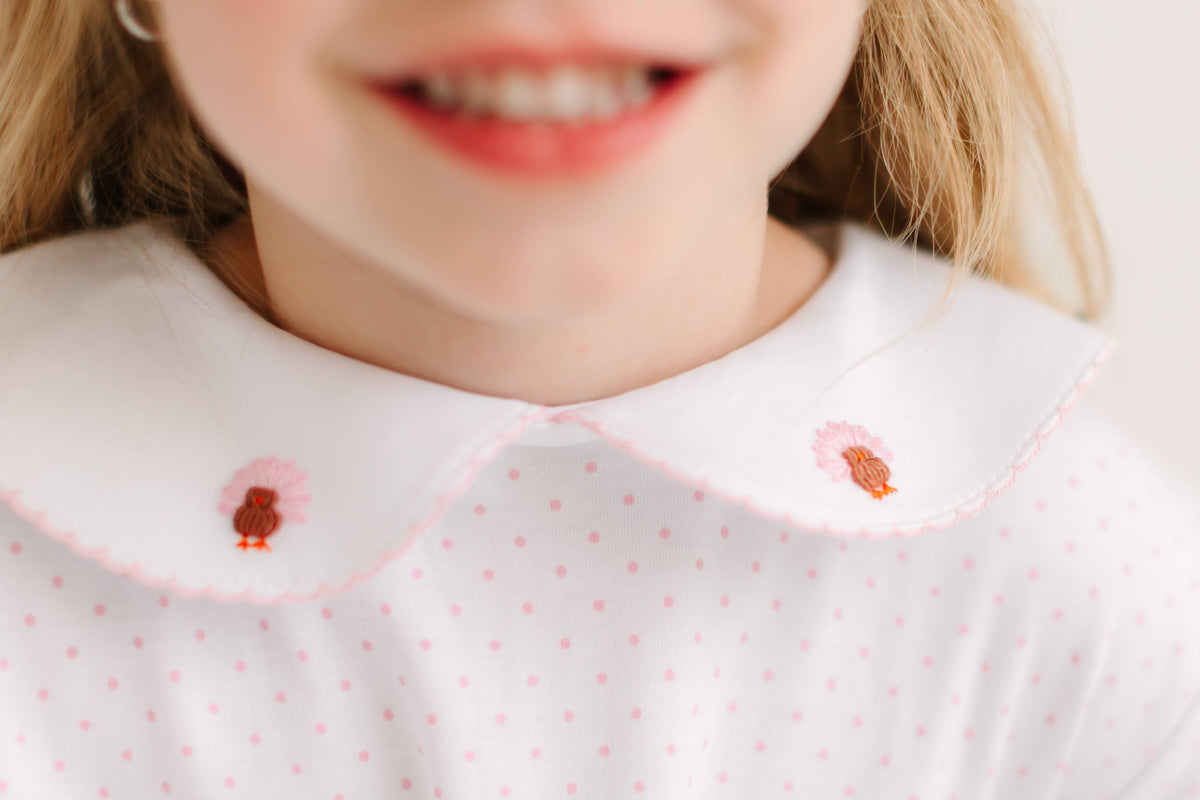 White Footie with Embroidered Turkeys on Collar