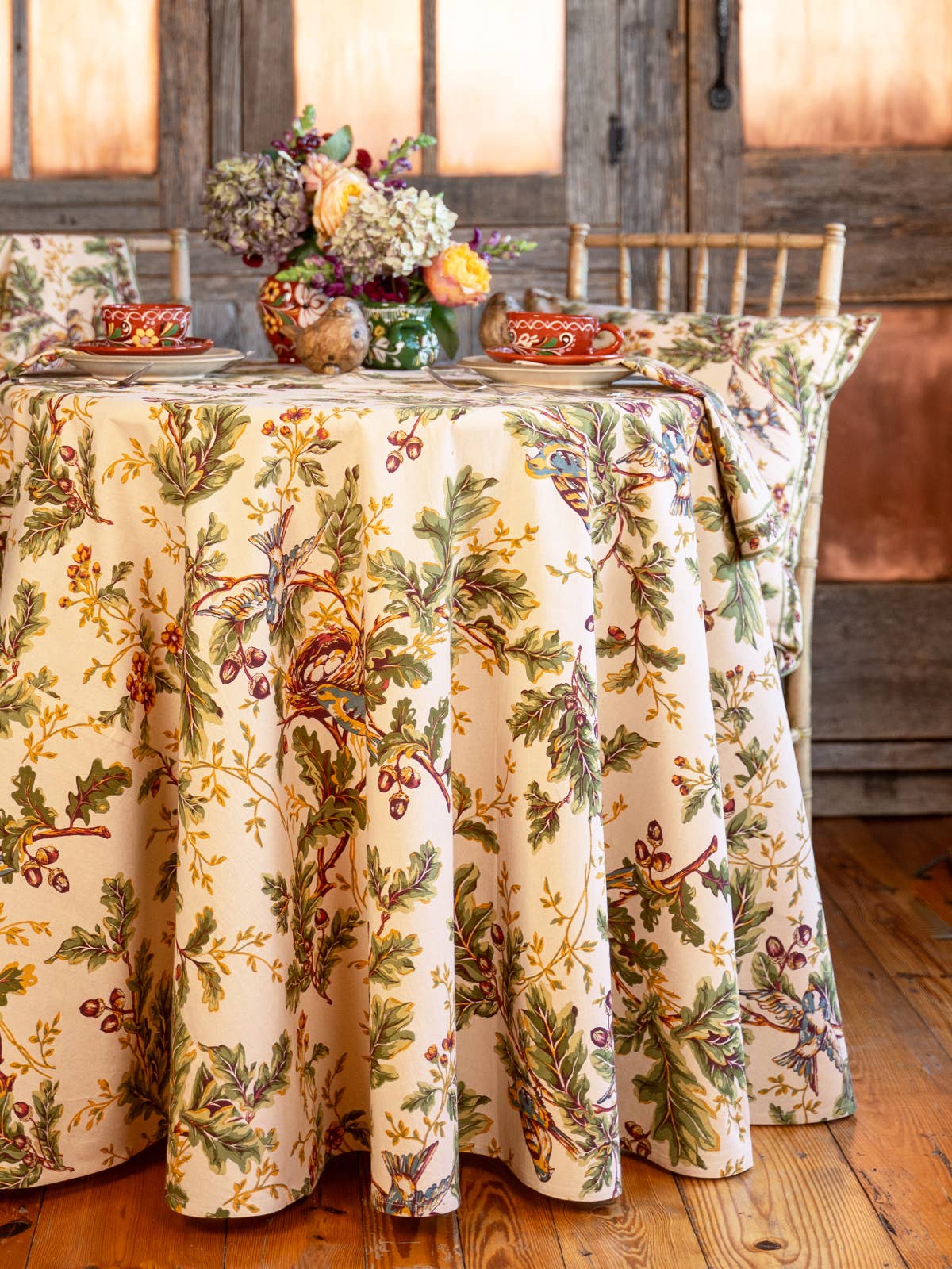 Round Tablecloth with Birds, Oak Leaves, and Acorns