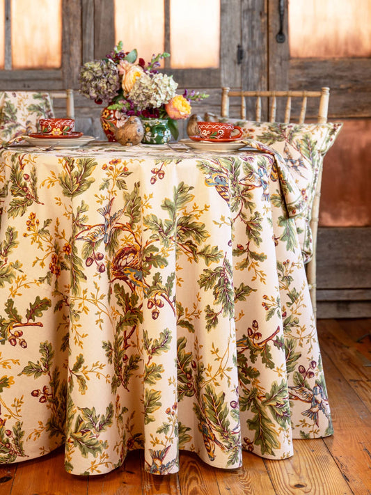 Round Tablecloth with Birds, Oak Leaves, and Acorns