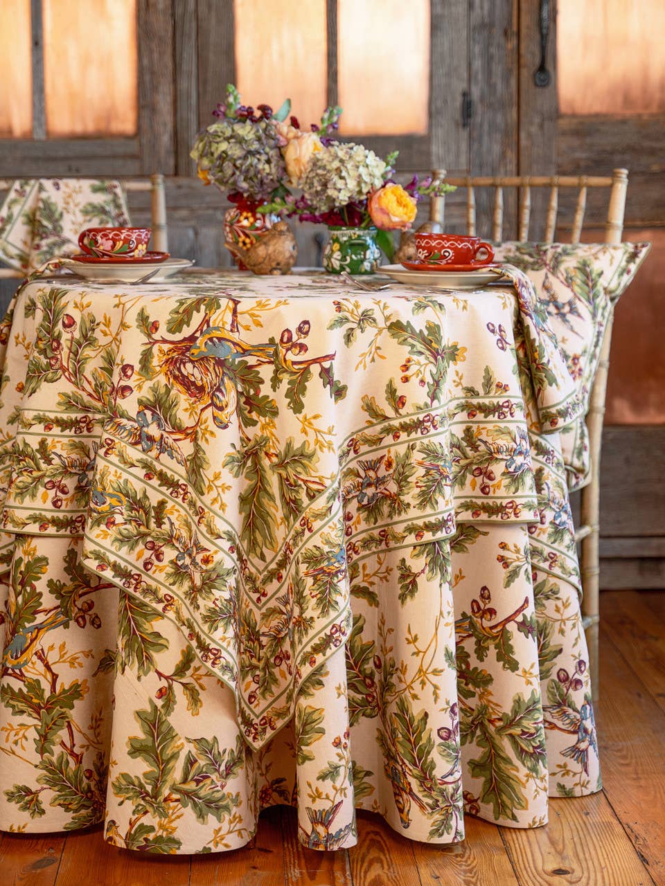Round Tablecloth with Birds, Oak Leaves, and Acorns