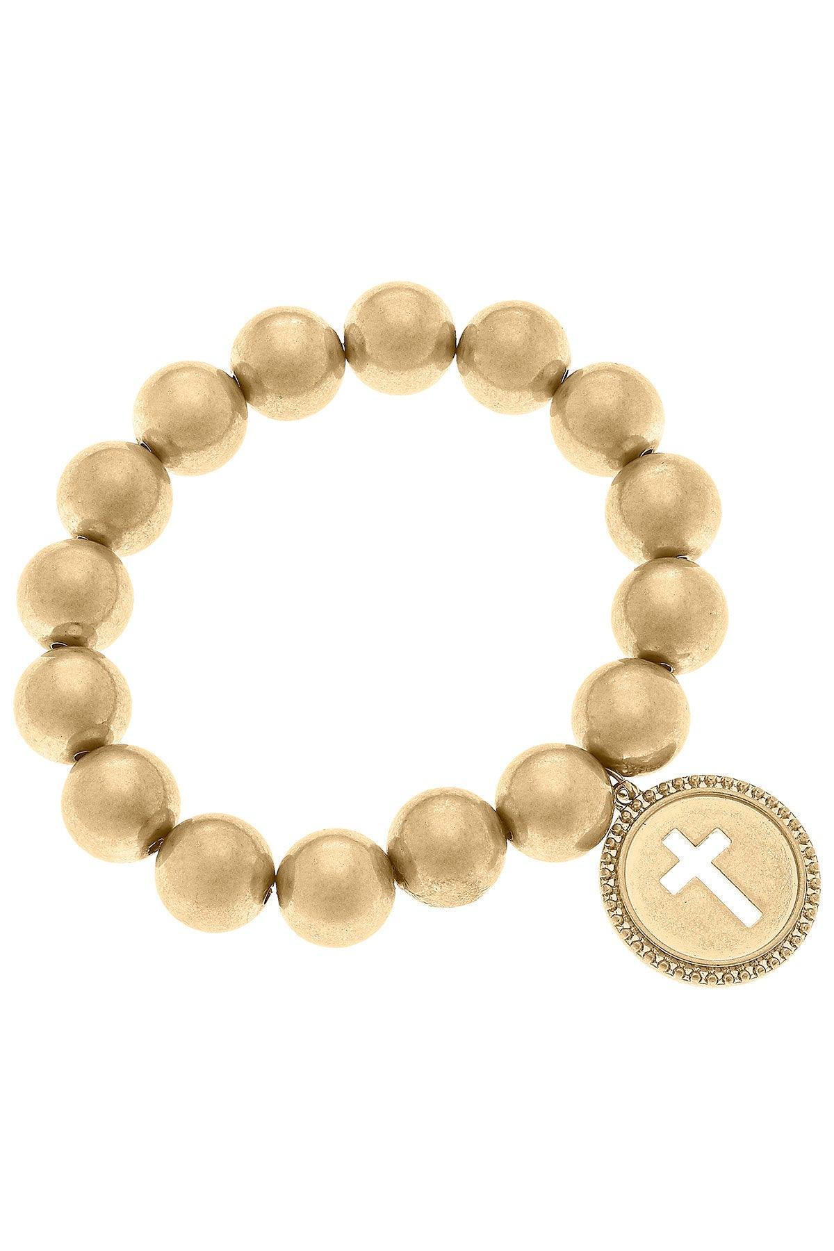 Coin Cross Stretch Bracelet in Worn Gold