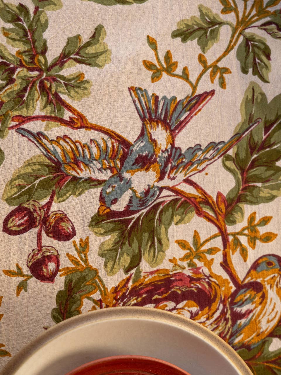 Round Tablecloth with Birds, Oak Leaves, and Acorns