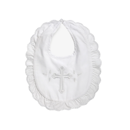 White Ruffle Bib with Embroidered Cross