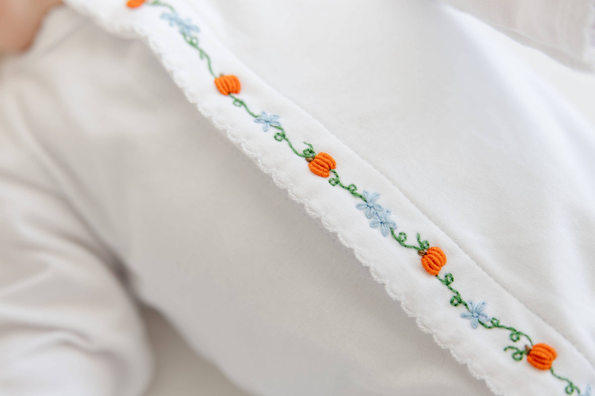White Footie with Embroidered Pumpkins and Pink Picot Trim