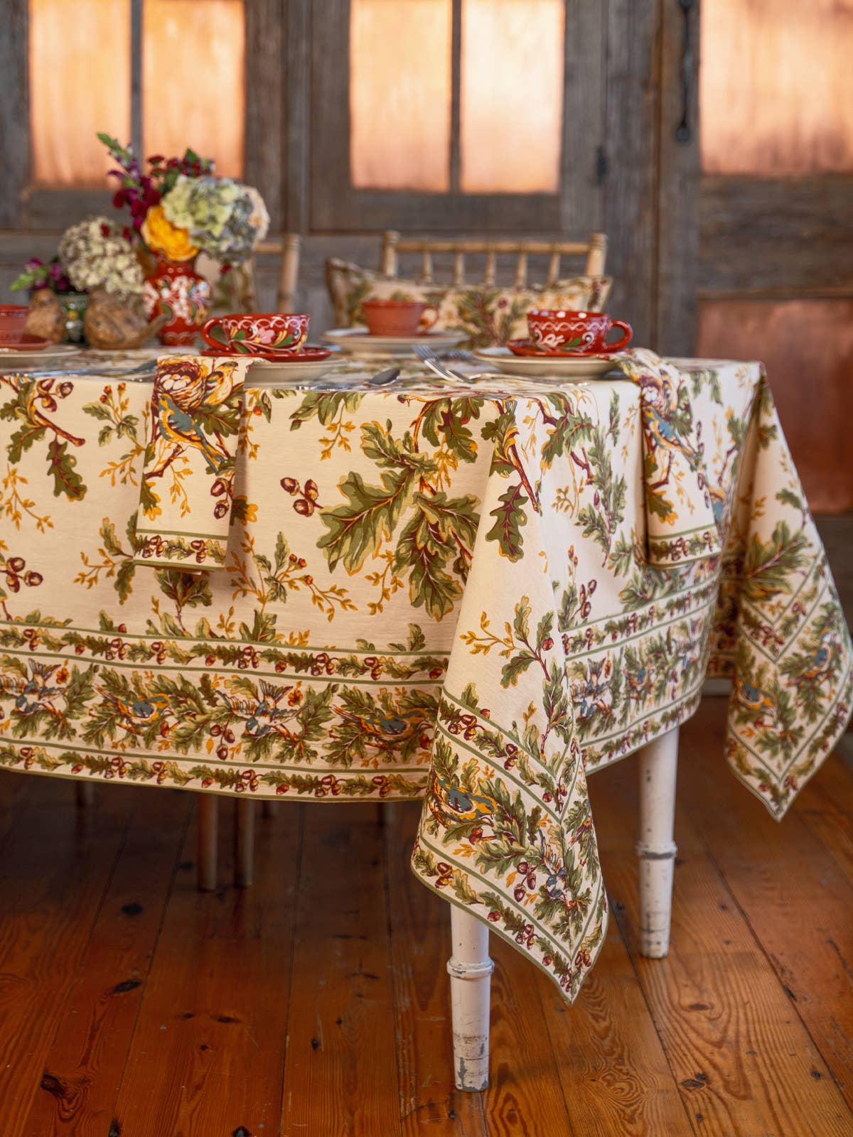 Rectangular Tablecloth with Birds, Oak Leaves, and Acorns
