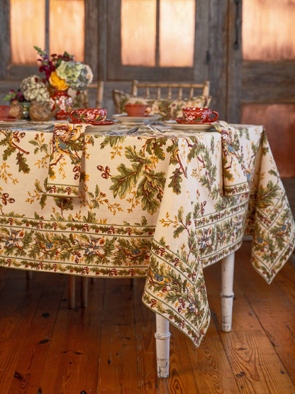 Rectangular Tablecloth with Birds, Oak Leaves, and Acorns