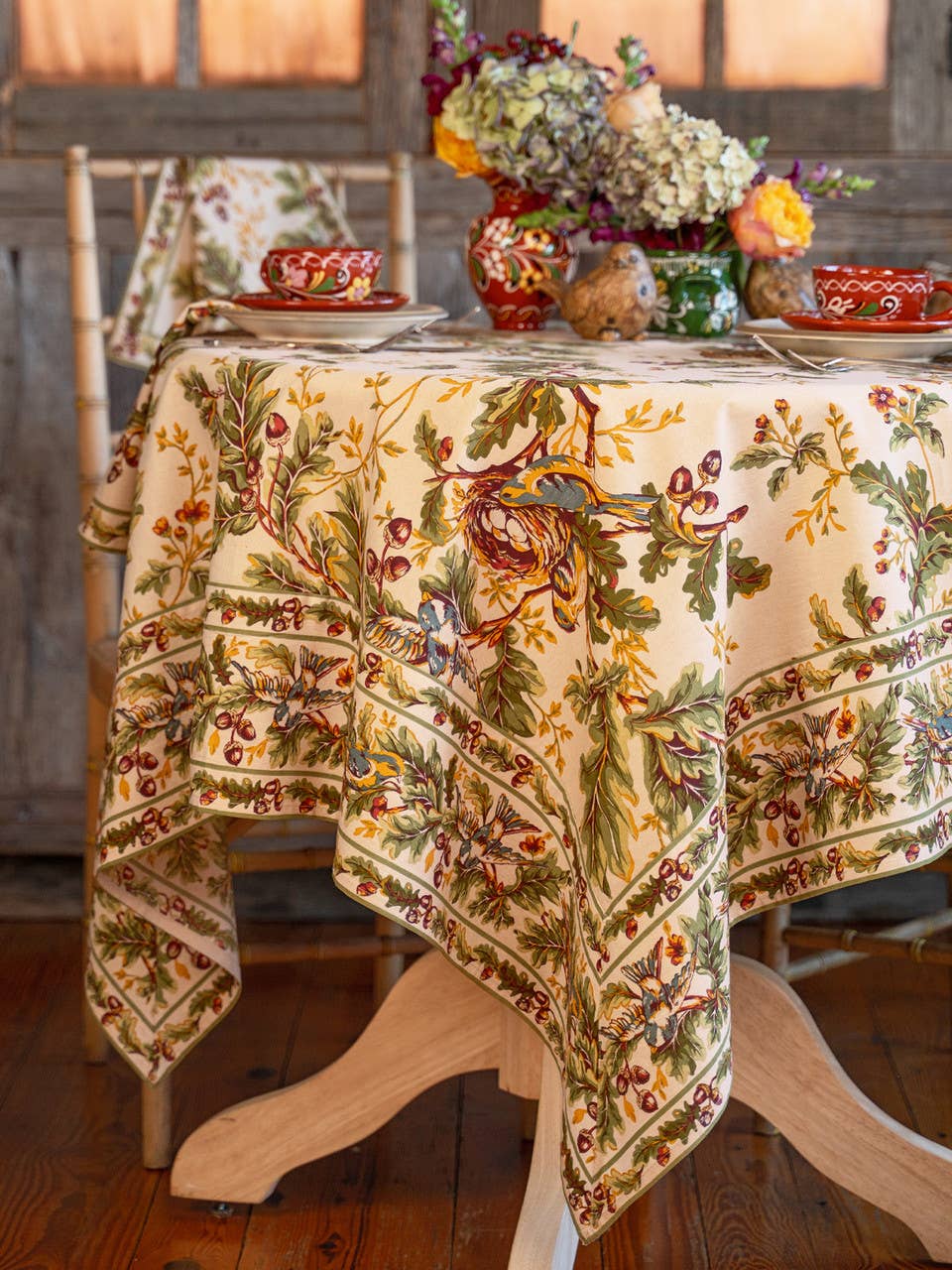 Rectangular Tablecloth with Birds, Oak Leaves, and Acorns