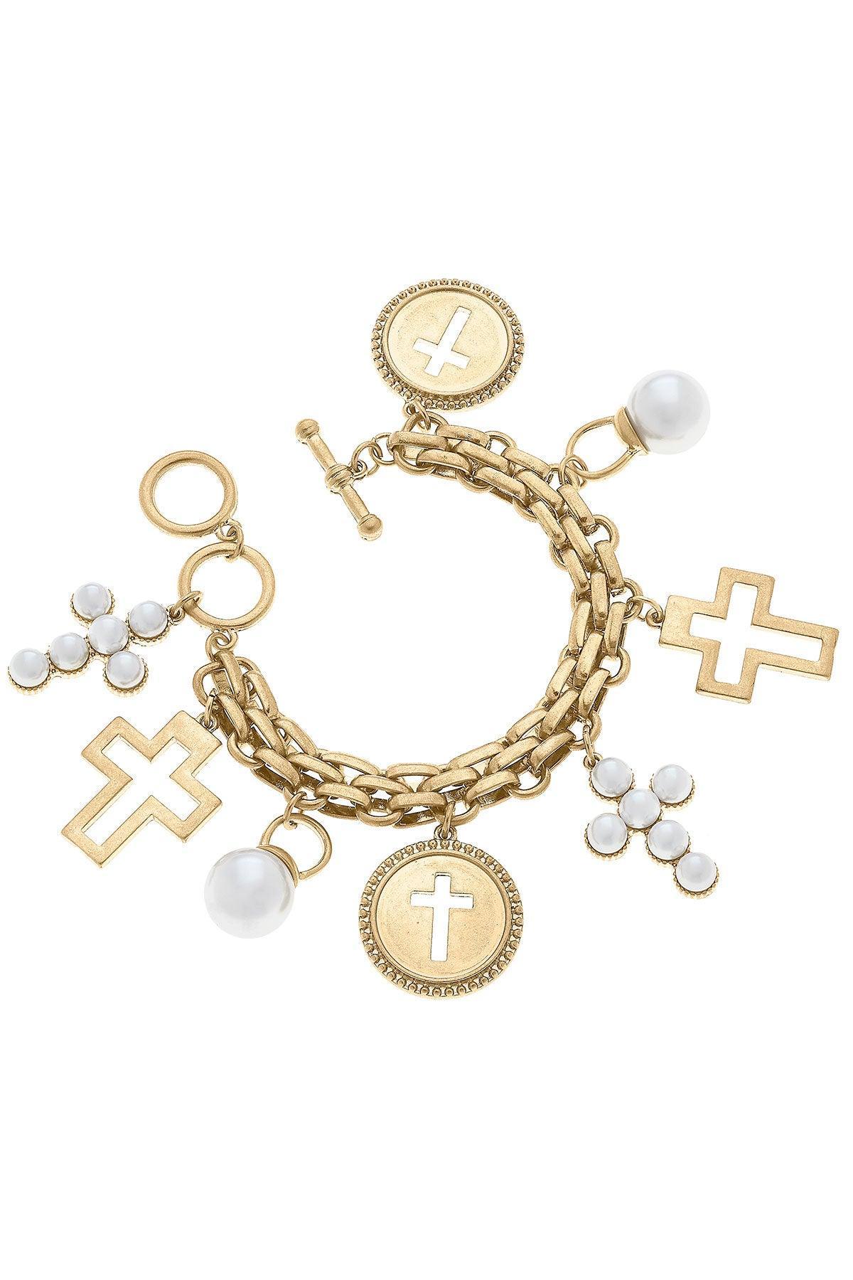 Cross Charm Bracelet in Brushed Gold