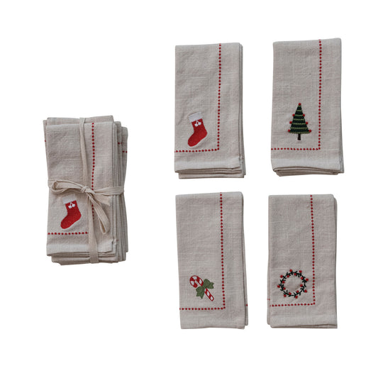 Christmas Embroidered Cotton Napkins - Set of 4