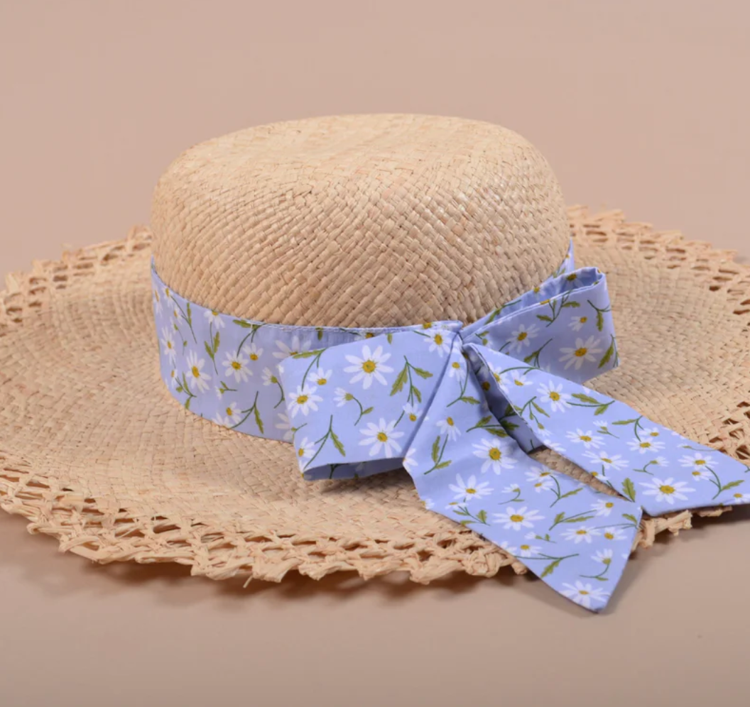 Girl's Raffia Sun Hat with Blue Floral Bow