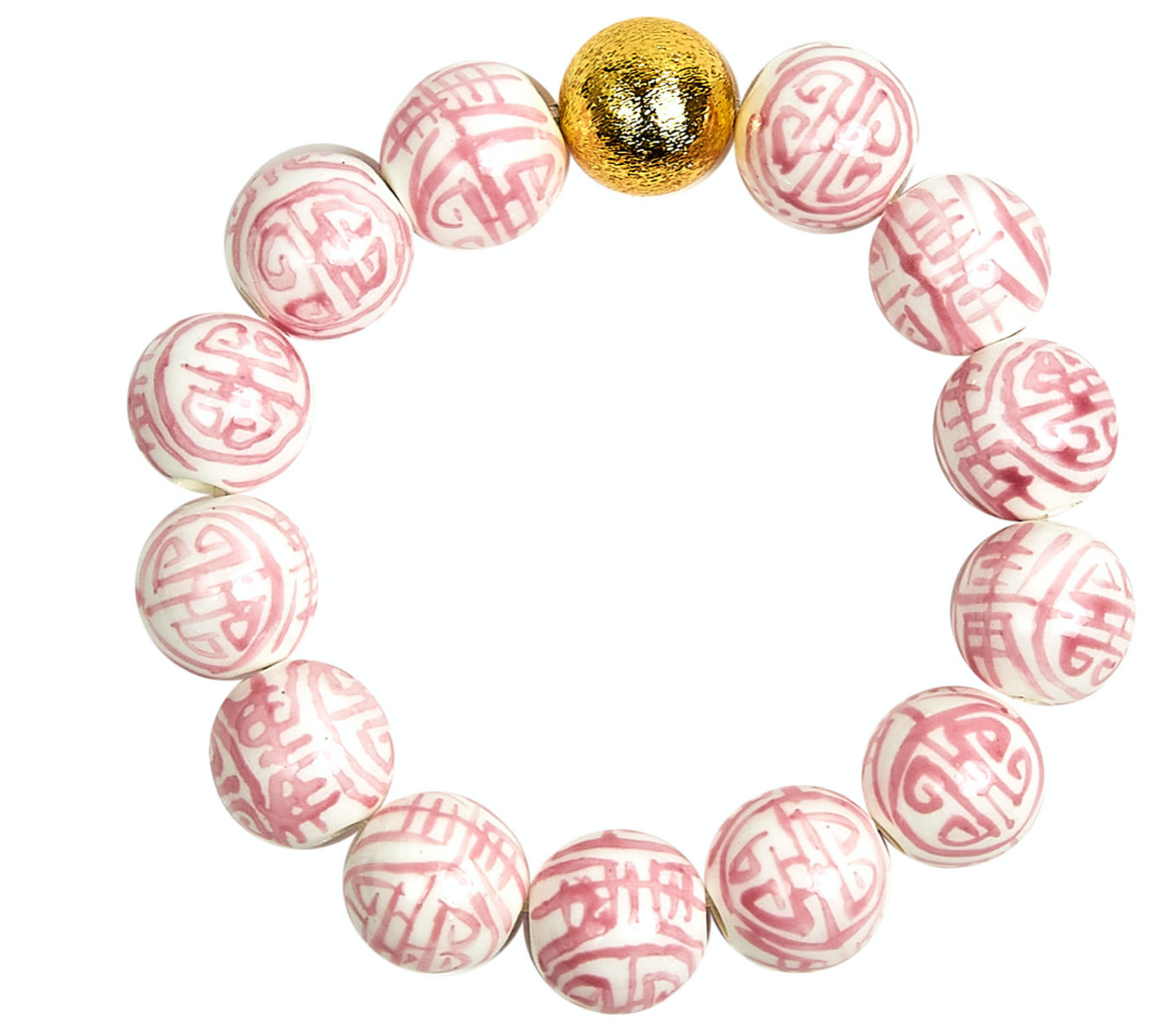 Ball Beaded Bracelet in Pink Chinoiserie with Gold Ball