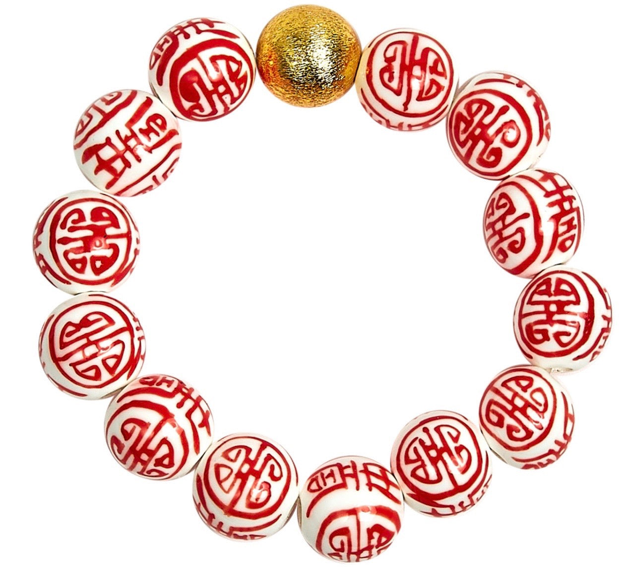Ball Beaded Bracelet in Orange Chinoiserie with Gold Ball