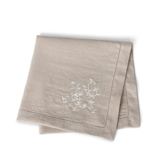 Beige Napkins with White Embroidered Flowers Set of 4