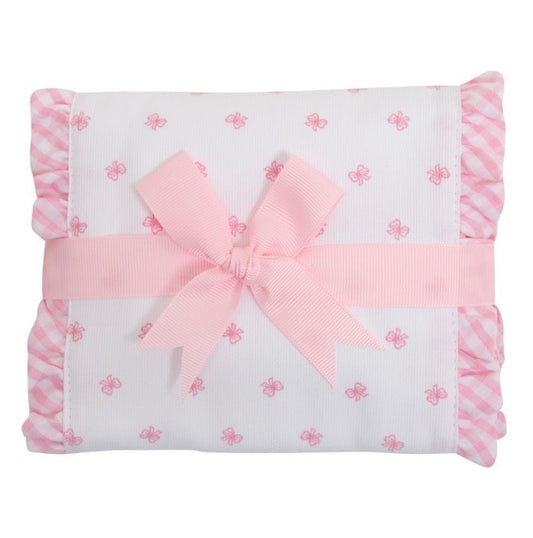 Pink Bow Burp Cloth with Check Ruffle Trim