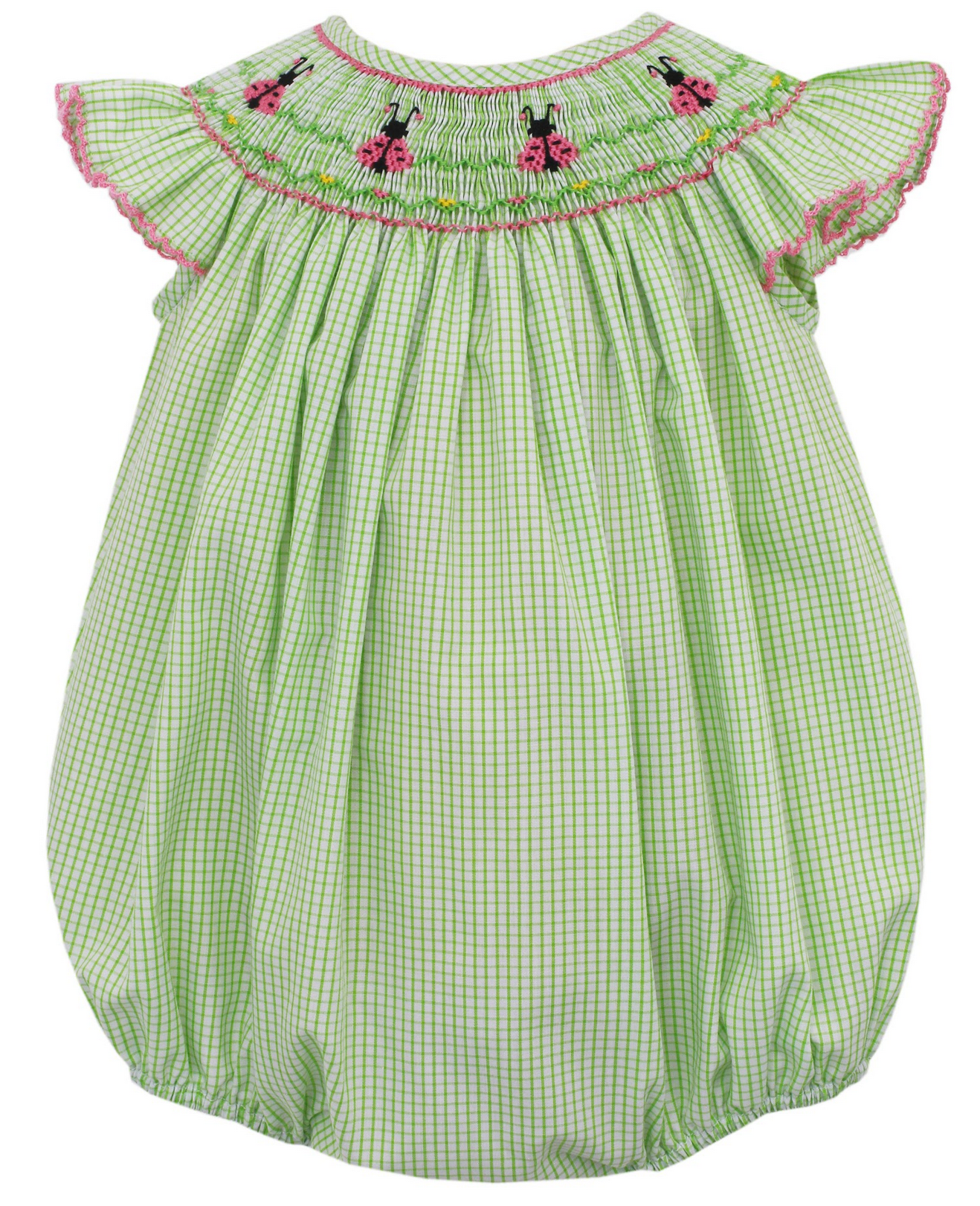 Green and white check Ladybug smocked bubble