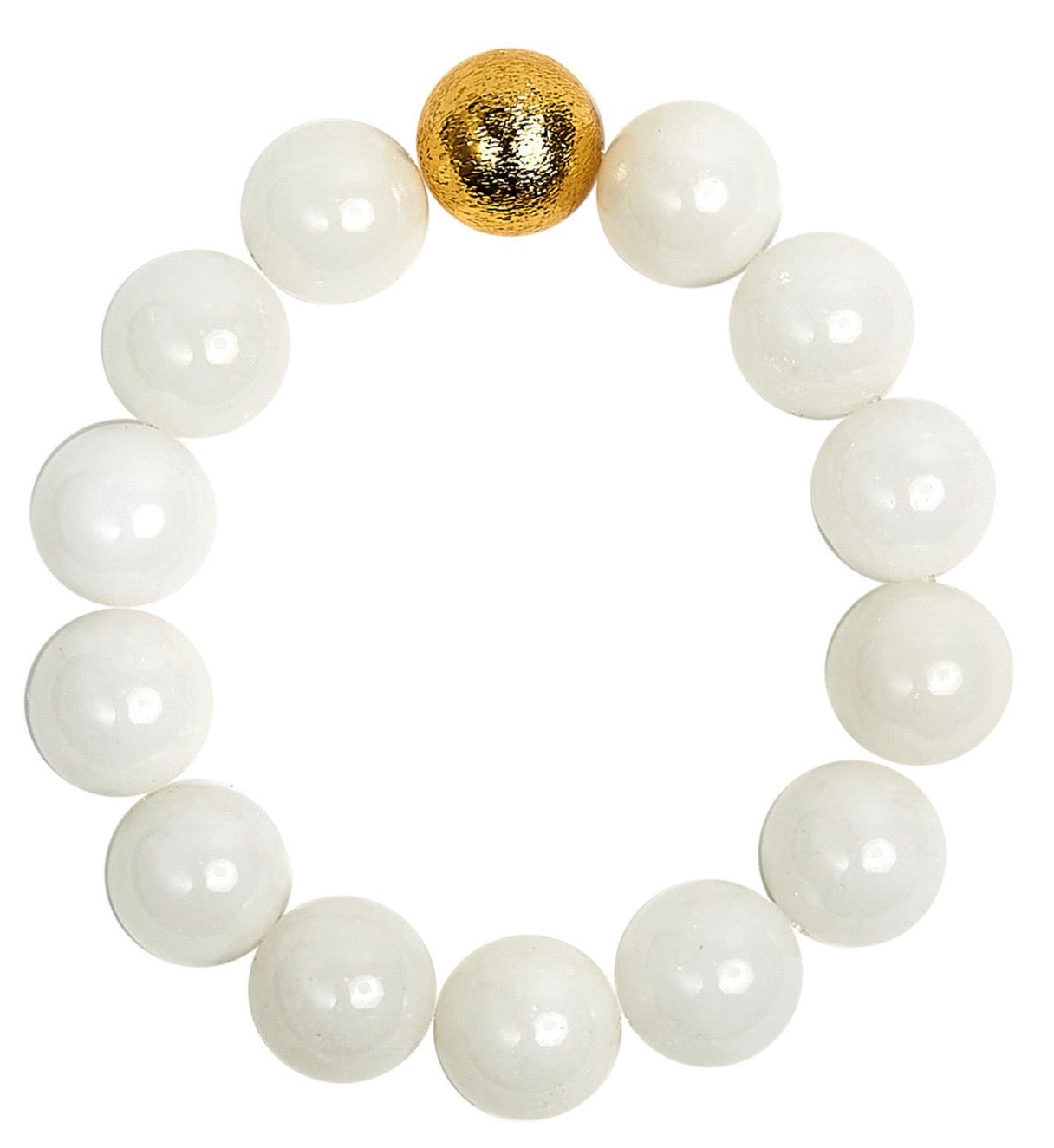 Ball Beaded Bracelet in White Quartz with Gold Ball