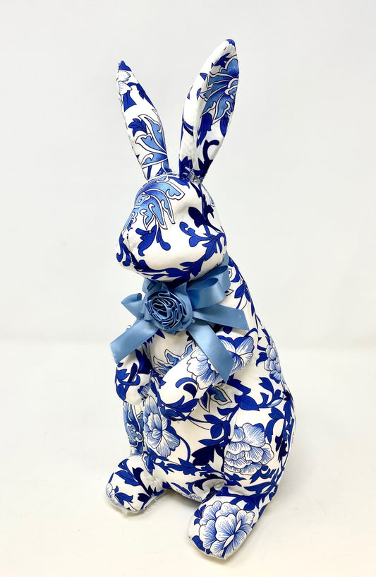Blue and White Upholstered Bunny with Silk Bow