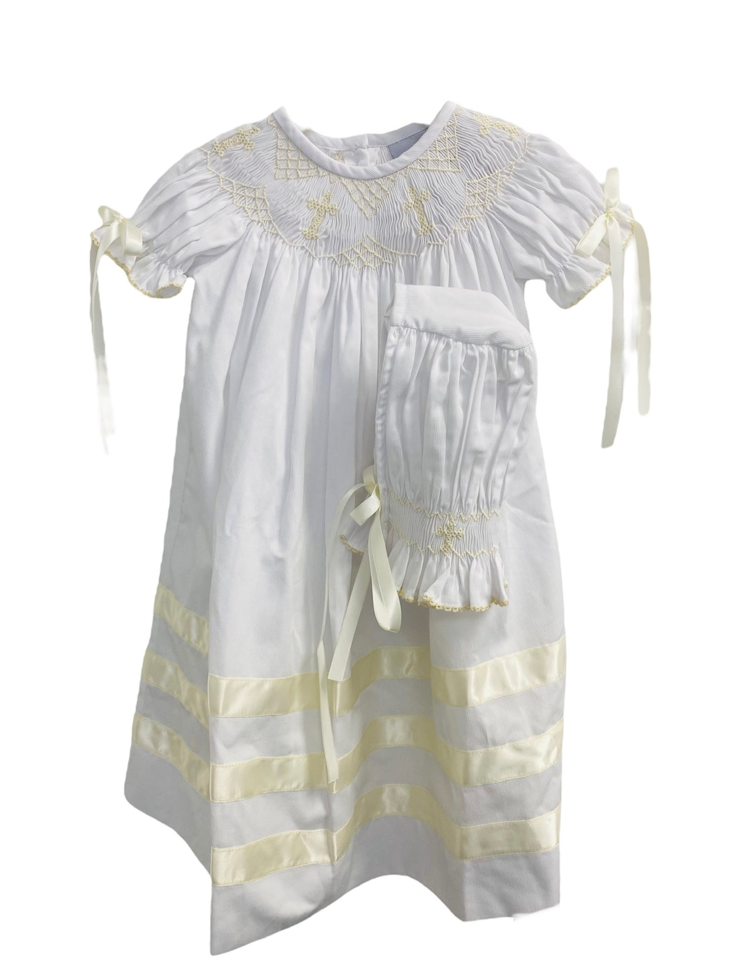 White Christening Gown with Smocked Crosses