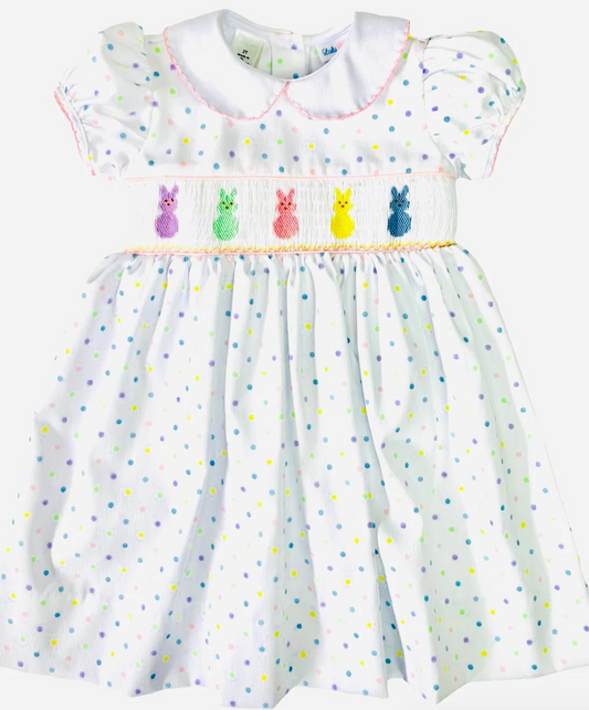 Polka Dot Dress with Smocked Bunnies