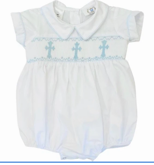 White Bubble with Smocked Blue Crosses