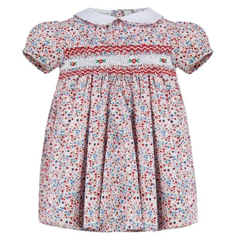 Smocked Floral Dress with Red Flowers