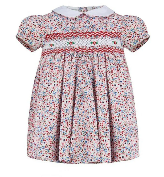 Smocked Floral Dress with Red Flowers