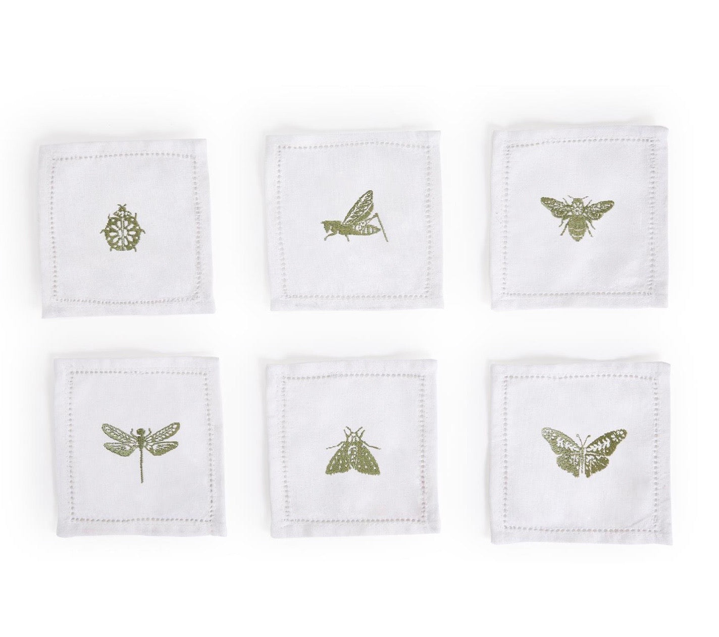Hemstitch Cocktail Napkins with Embroidered Insects