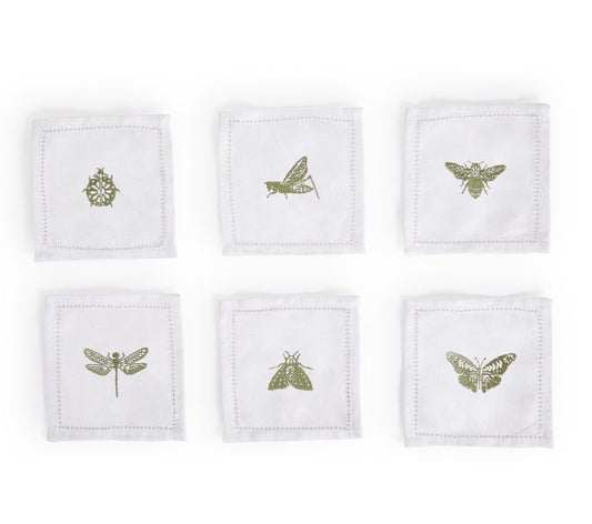 Hemstitch Cocktail Napkins with Embroidered Insects