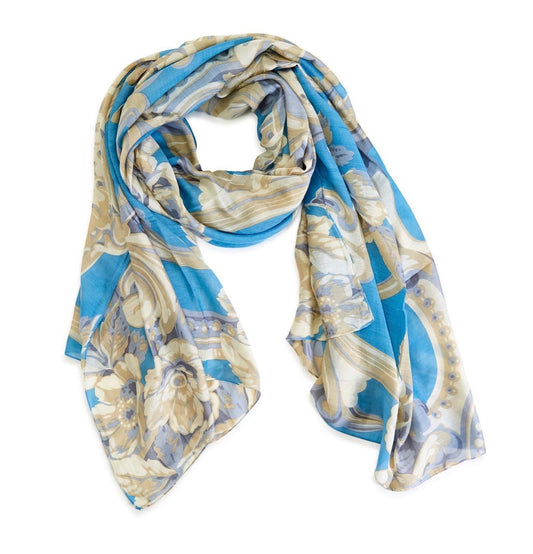 Turquoise Silk Scarf with Beige Design