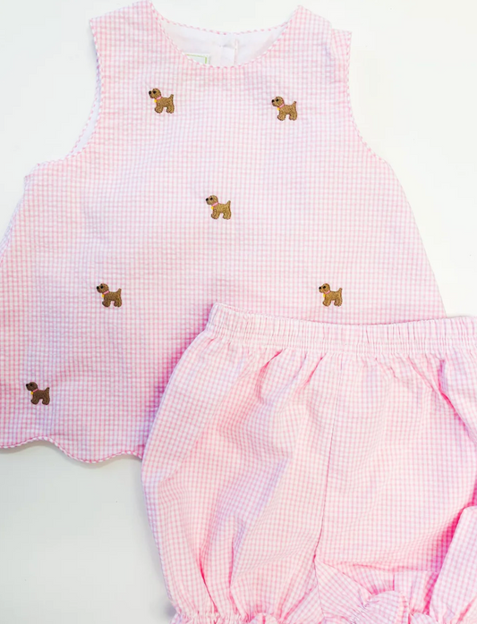 Zuccini Kids - Pink check dress with dogs and bloomers: 24M
