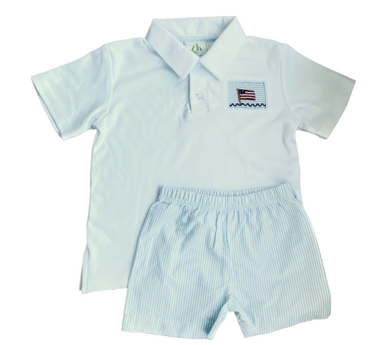 White Polo shirt with American flag and shorts