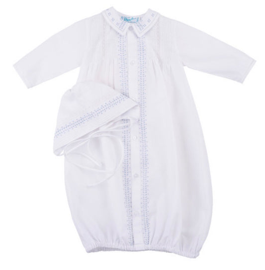 White Sleeper Gown with Blue Embroidered Trim and Bonnet